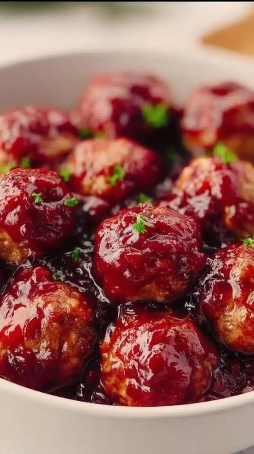 Christmas Cranberry Meatballs 1 Plate of Christmas cranberry meatballs garnished with parsley