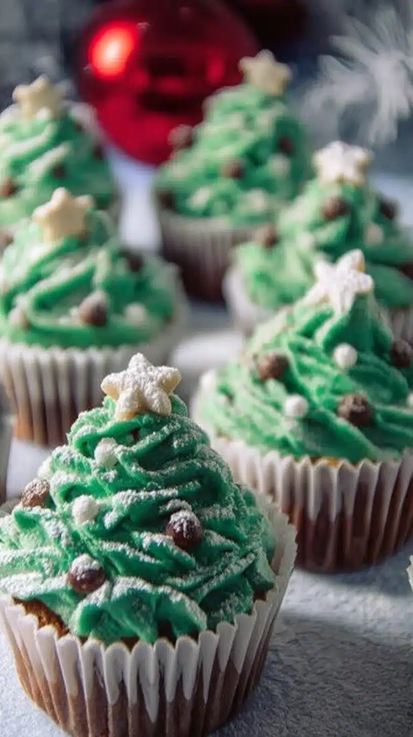 Christmas Tree Cupcakes 1 Festive Christmas Tree Cupcakes decorated with green frosting and colorful sprinkles.