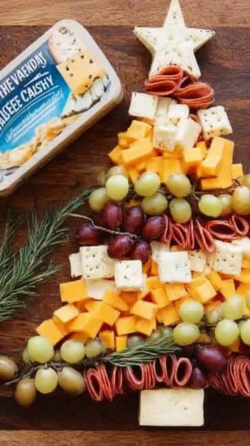 Christmas Tree Shaped Charcuterie Board 1 Christmas Tree Shaped Charcuterie Board with assorted cheeses and meats