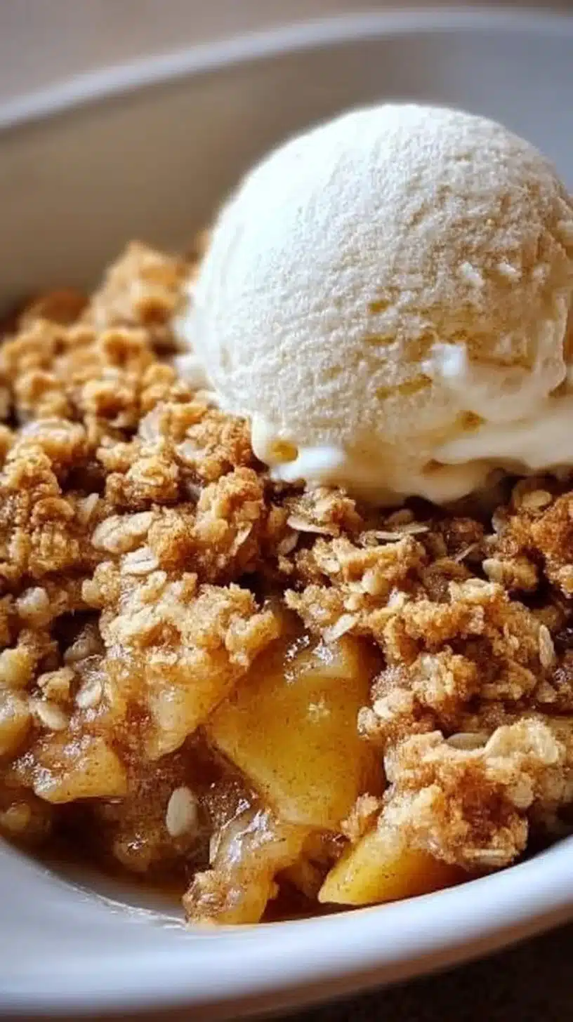 Classic Apple Crisp: One Perfect Fall Hug. 1 Delicious classic apple crisp dessert topped with oats and served in a bowl