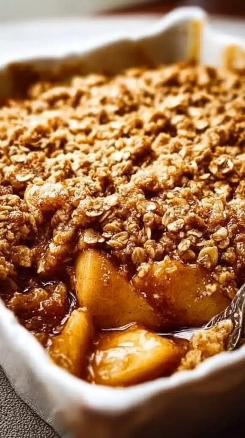 A warm serving of classic apple crisp topped with ice cream and cinnamon.
