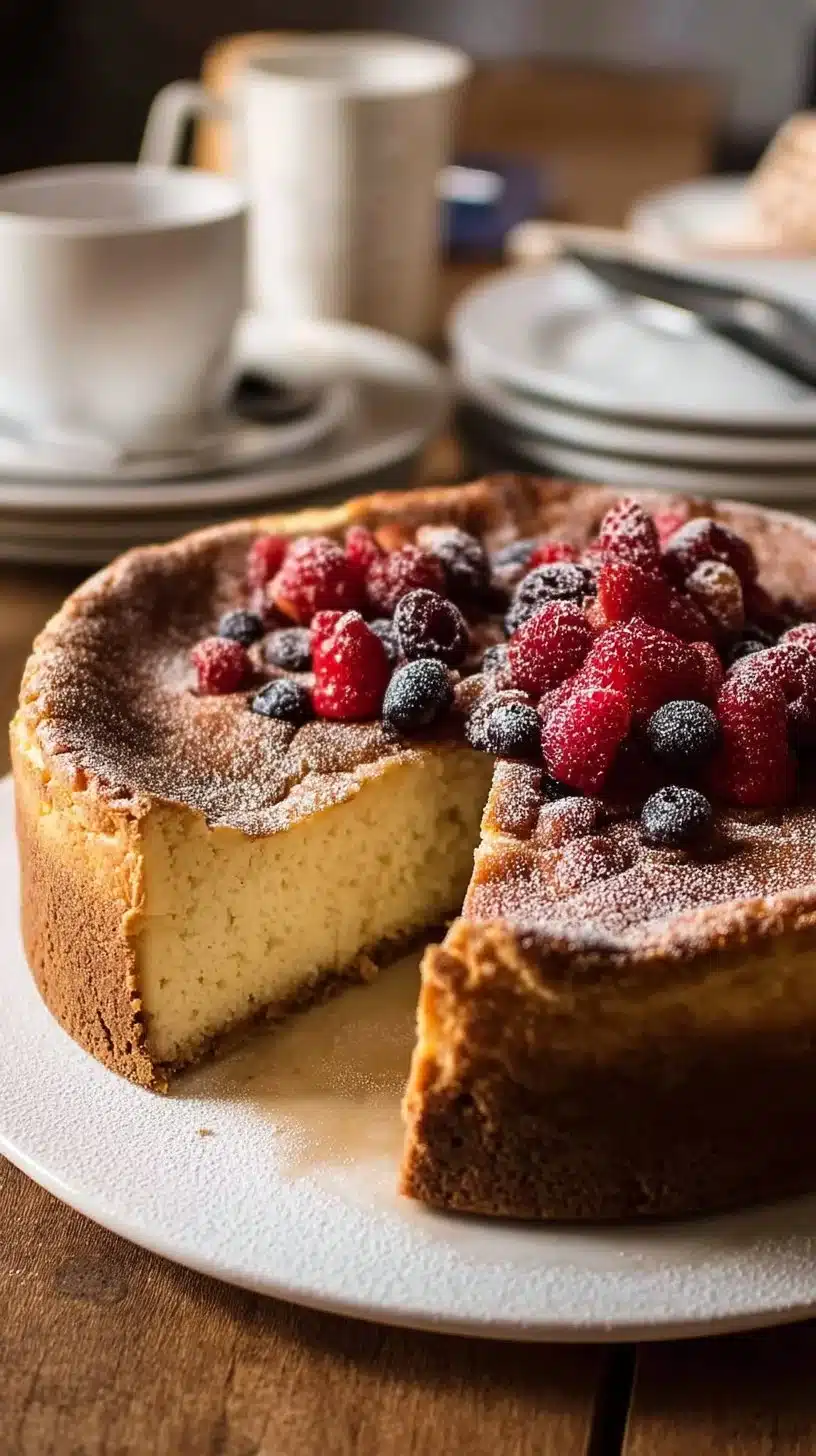 Classic Baked Cheesecake 1 Classic baked cheesecake topped with fresh berries on a white plate