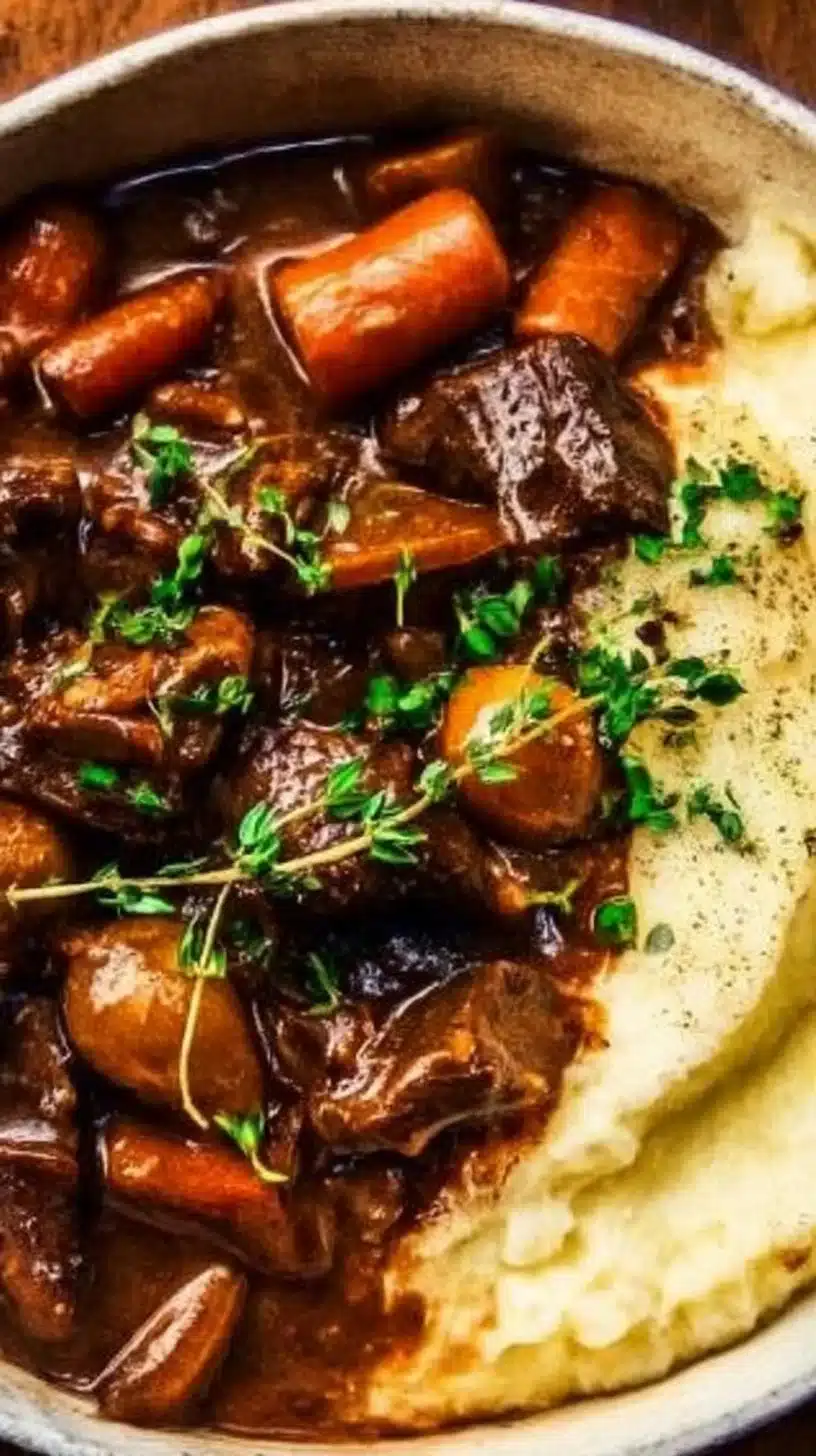Classic Beef Bourguignon Recipe 1 Classic Beef Bourguignon served in a rustic bowl with fresh herbs
