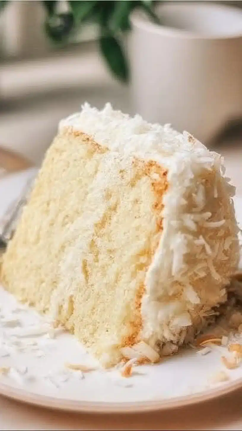 Coconut Cake 1 Moist and flavorful coconut cake served with frosting and coconut flakes