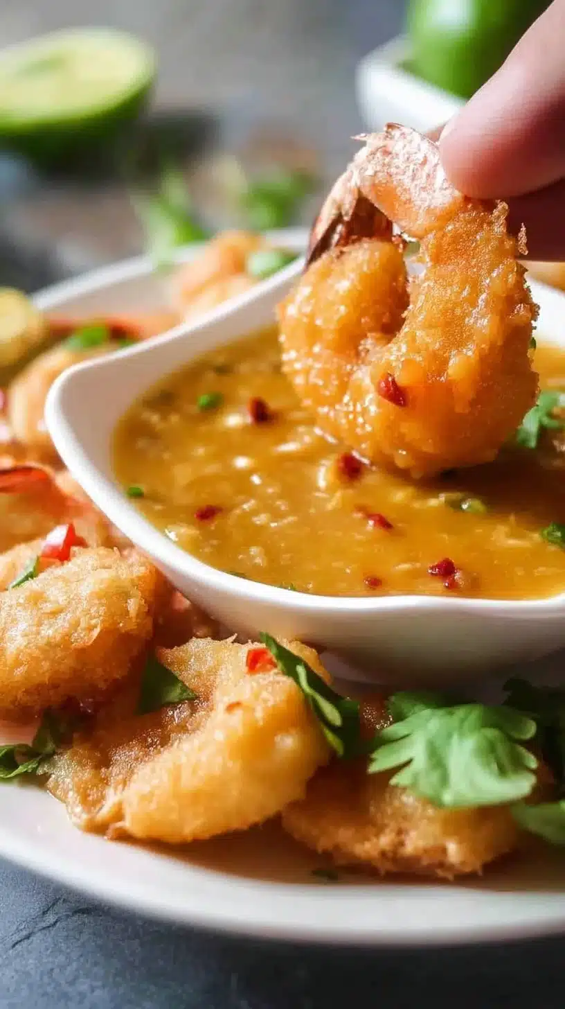 Coconut Shrimp with Spicy Thai Mango Sauce 1 Crispy Coconut Shrimp served with a Spicy Thai Mango Sauce on a plate