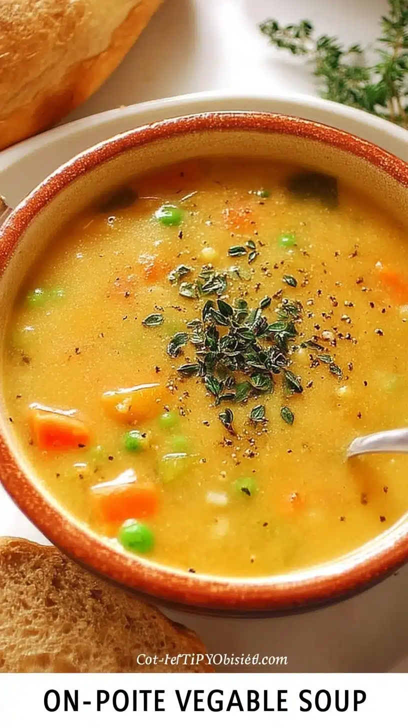 Bowl of comforting one-pot creamy vegetable soup with fresh vegetables and herbs