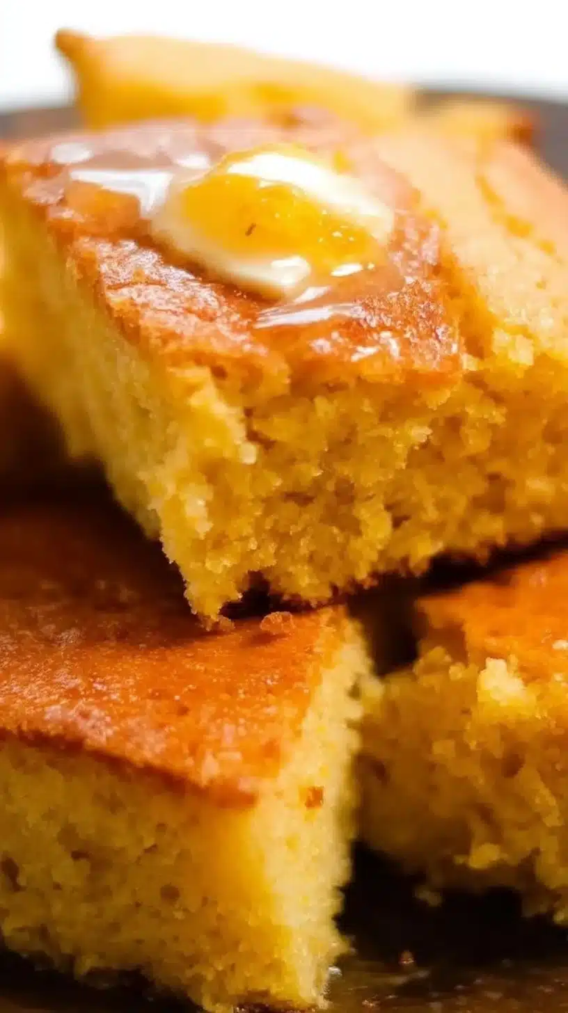 Delicious cornbread with creamed corn served in a rustic dish