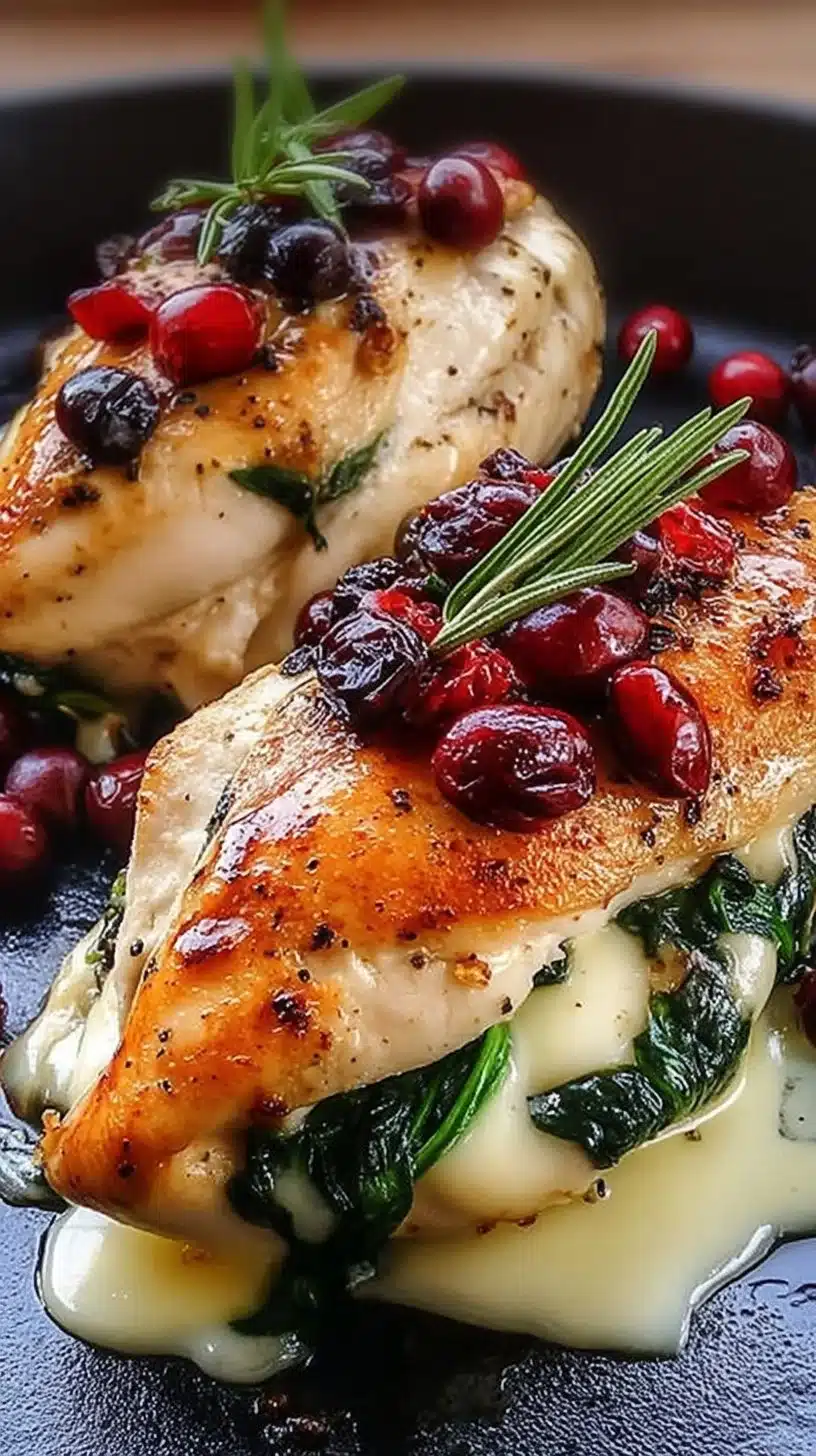 Cranberry and Spinach Stuffed Chicken Breasts with Brie 1 Cranberry and spinach stuffed chicken breasts with brie on a plate
