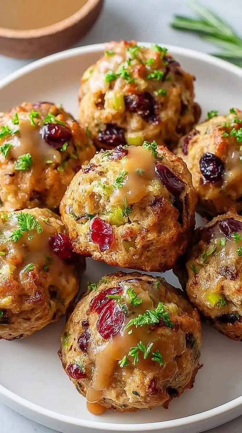 Cranberry Turkey Stuffing Balls: A Cozy Holiday Favorite in Every Bite 1 Delicious cranberry turkey stuffing balls on a festive holiday table