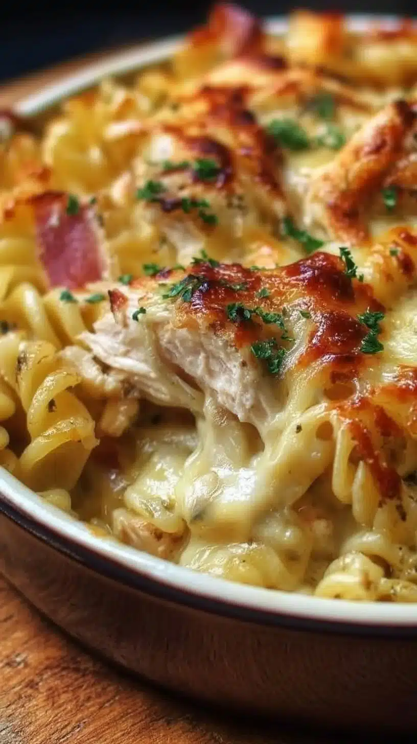 Crazy Good Chicken Pasta Casserole Recipe 1 Delicious chicken pasta casserole ready to serve, featuring creamy sauce and topped with cheese.
