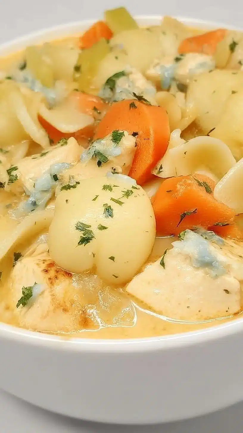 Creamy Buffalo Chicken Noodle Soup 1 Bowl of creamy buffalo chicken noodle soup topped with herbs and spices