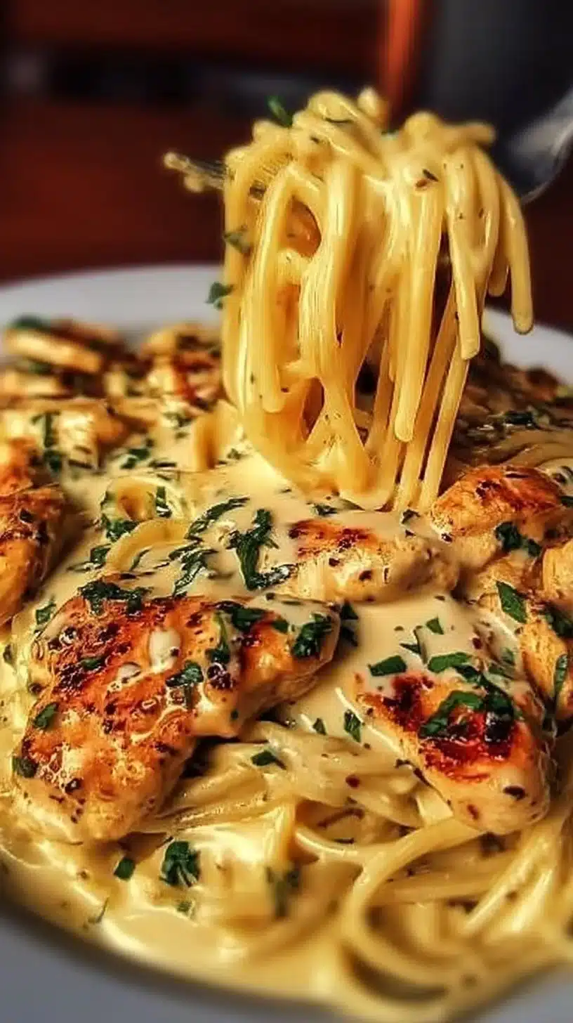 Creamy Cajun Chicken Spaghetti with Mozzarella Sauce 1 Creamy Cajun Chicken Spaghetti topped with melted mozzarella sauce