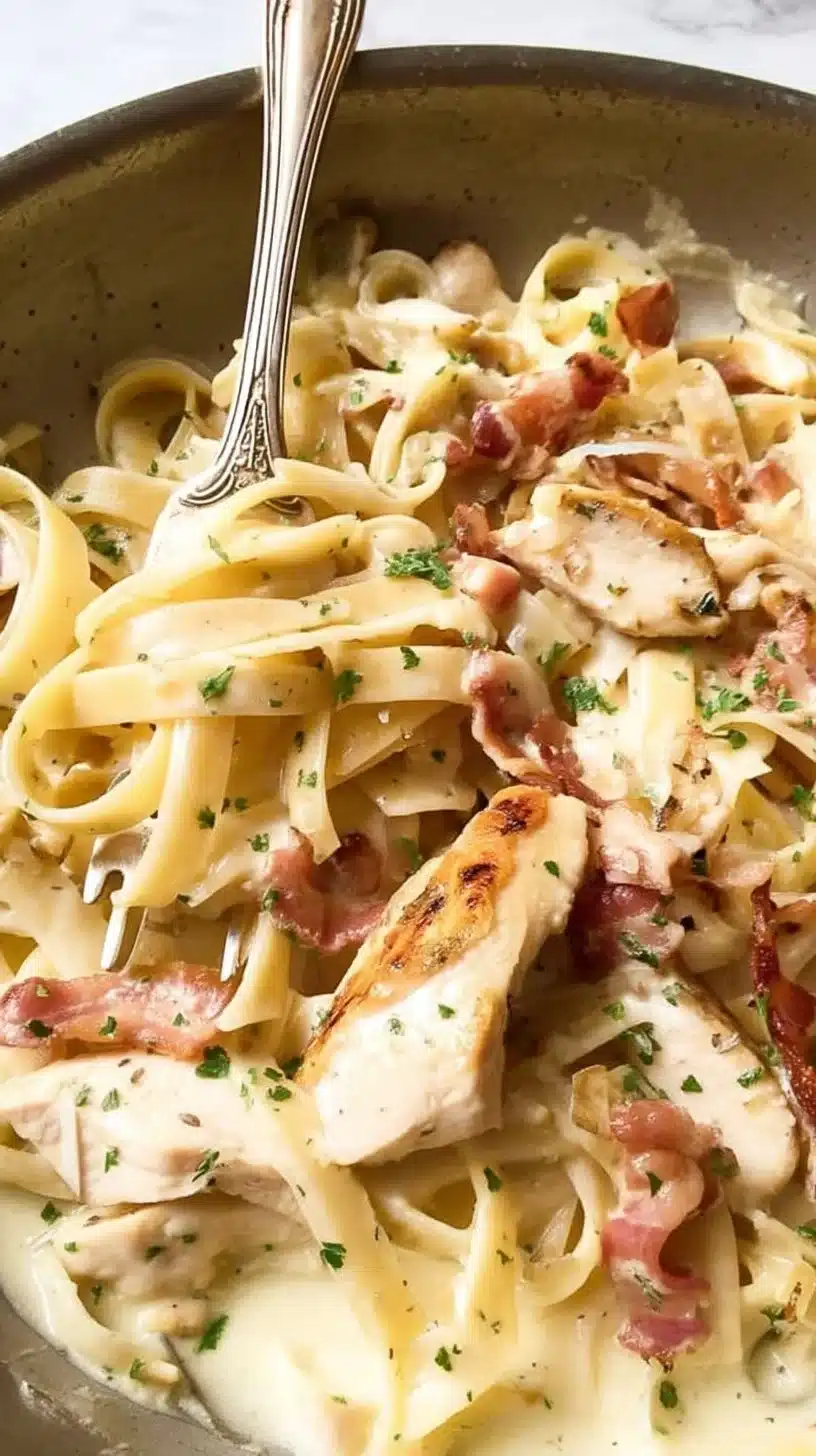 Creamy Chicken and Bacon Pasta 1 Creamy chicken and bacon pasta dish served in a bowl