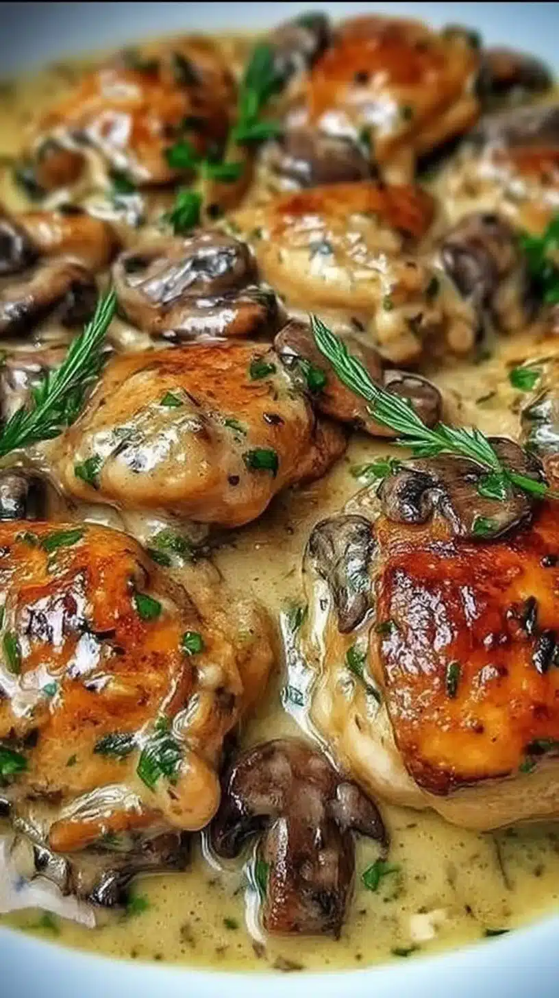 Creamy garlic mushroom chicken thighs served on a plate with herbs.