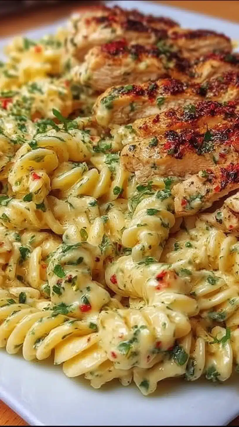 Creamy Garlic Parmesan Chicken Pasta 1 Creamy garlic parmesan chicken pasta served in a bowl with herbs and cheese