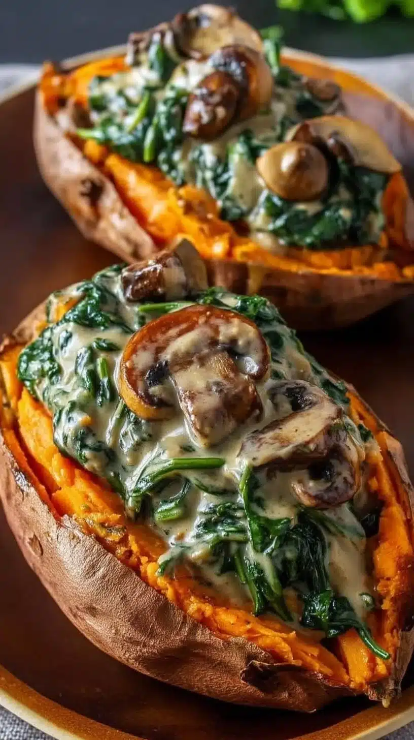 Creamy Mushroom and Spinach Stuffed Sweet Potatoes 1 Creamy mushroom and spinach stuffed sweet potatoes on a plate.