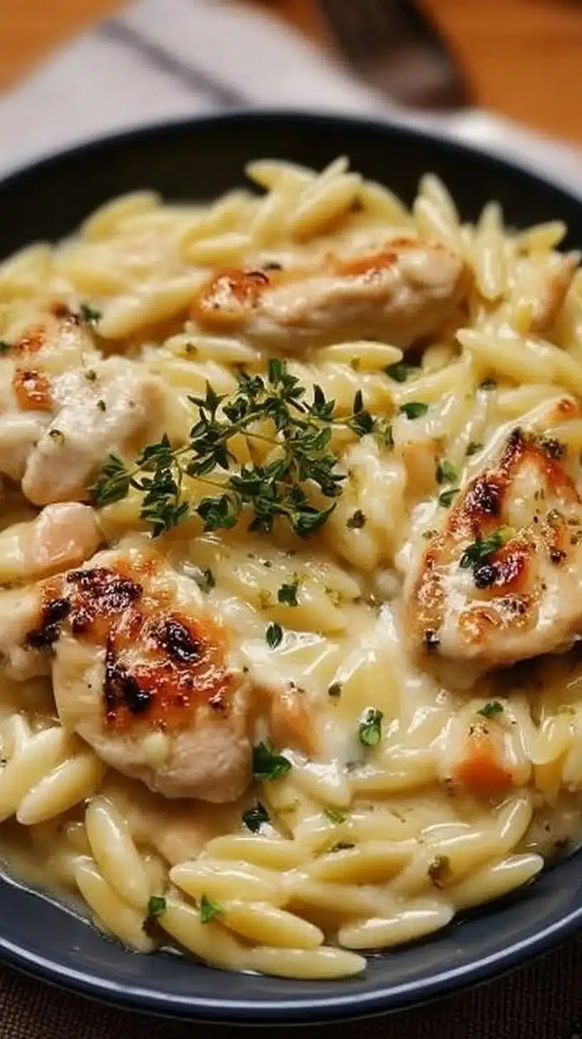 Creamy Orzo With Chicken: A Wonderful Ultimate Recipe You’ll Love 1 A delicious plate of creamy orzo with chicken, garnished and ready to serve.