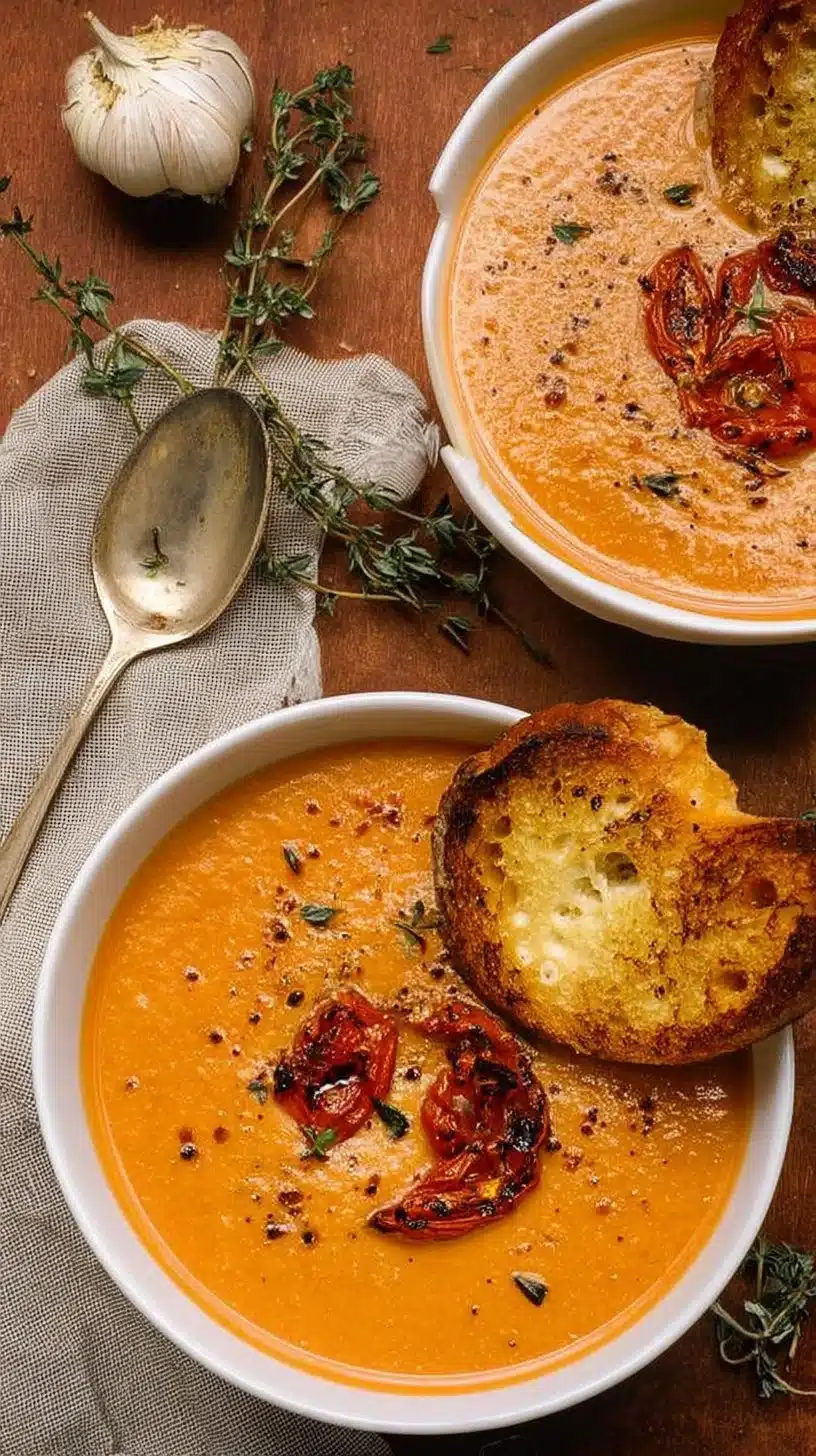 Creamy Roasted Garlic Tomato Soup 1 Creamy roasted garlic tomato soup in a bowl, garnished with fresh herbs.