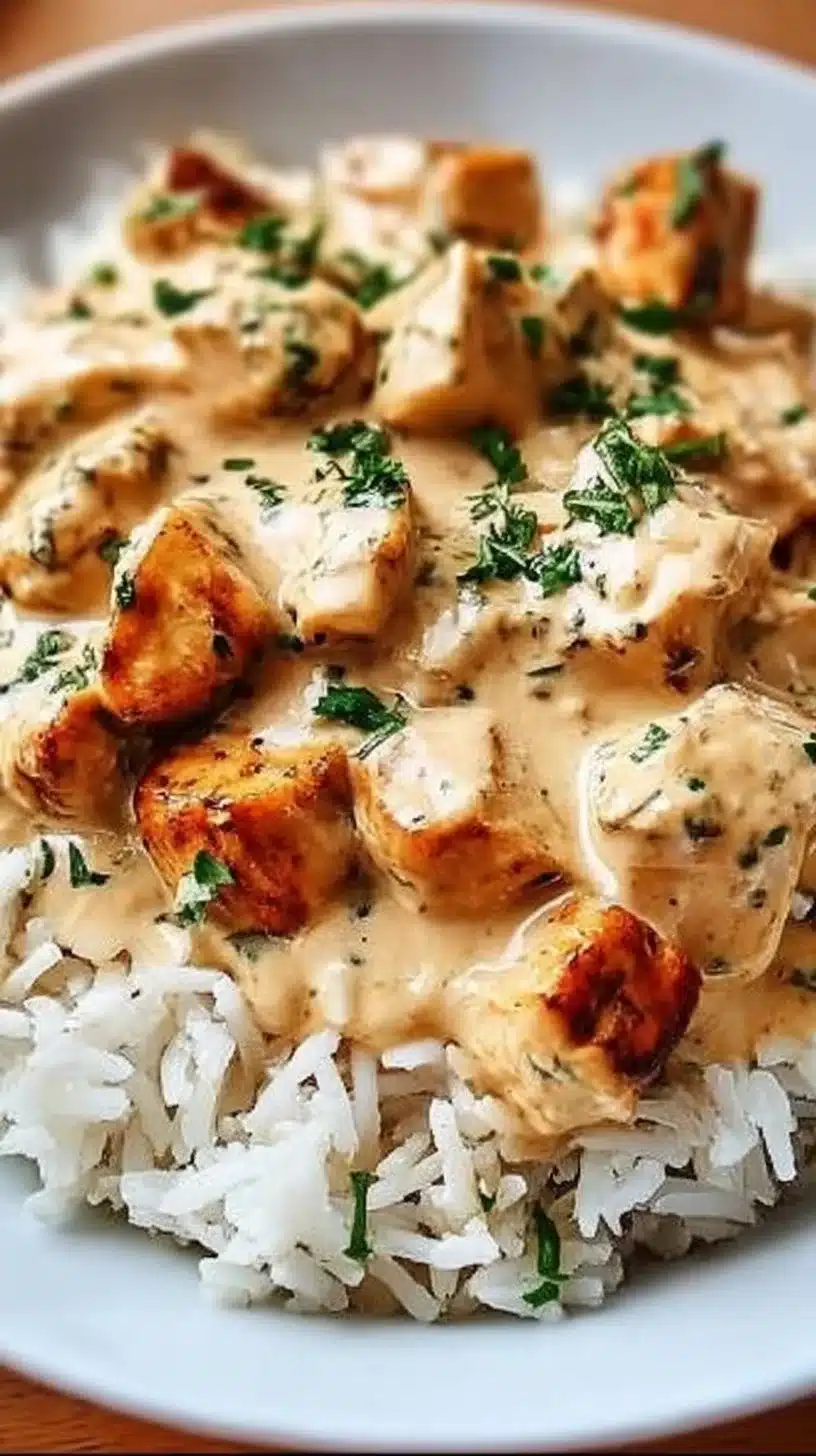 Creamy Smothered Chicken and Rice 1 Creamy smothered chicken served with rice in a delicious creamy sauce