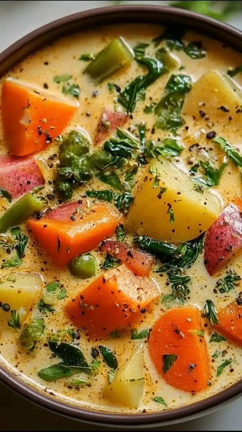 Creamy spring vegetable soup with vibrant veggies in a bowl