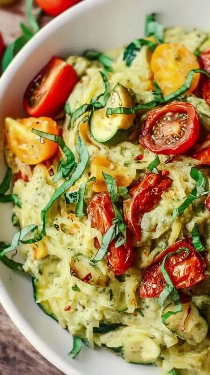 Creamy vegan pesto spaghetti squash with roasted tomatoes and zucchini