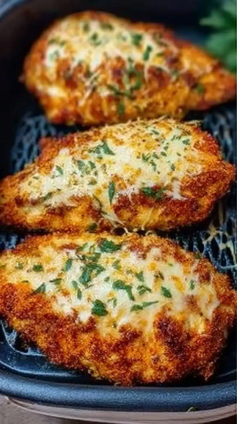 Crispy Air Fryer Chicken Parmesan 1 Crispy air fryer chicken parmesan served with a side of marinara sauce