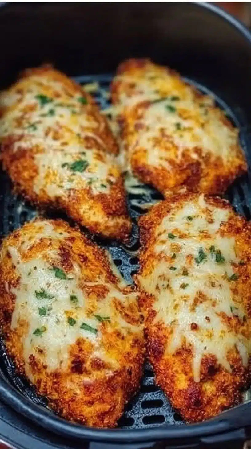 Crispy Air Fryer Chicken Parmesan 1 Crispy air fryer chicken parmesan served with marinara sauce and herbs