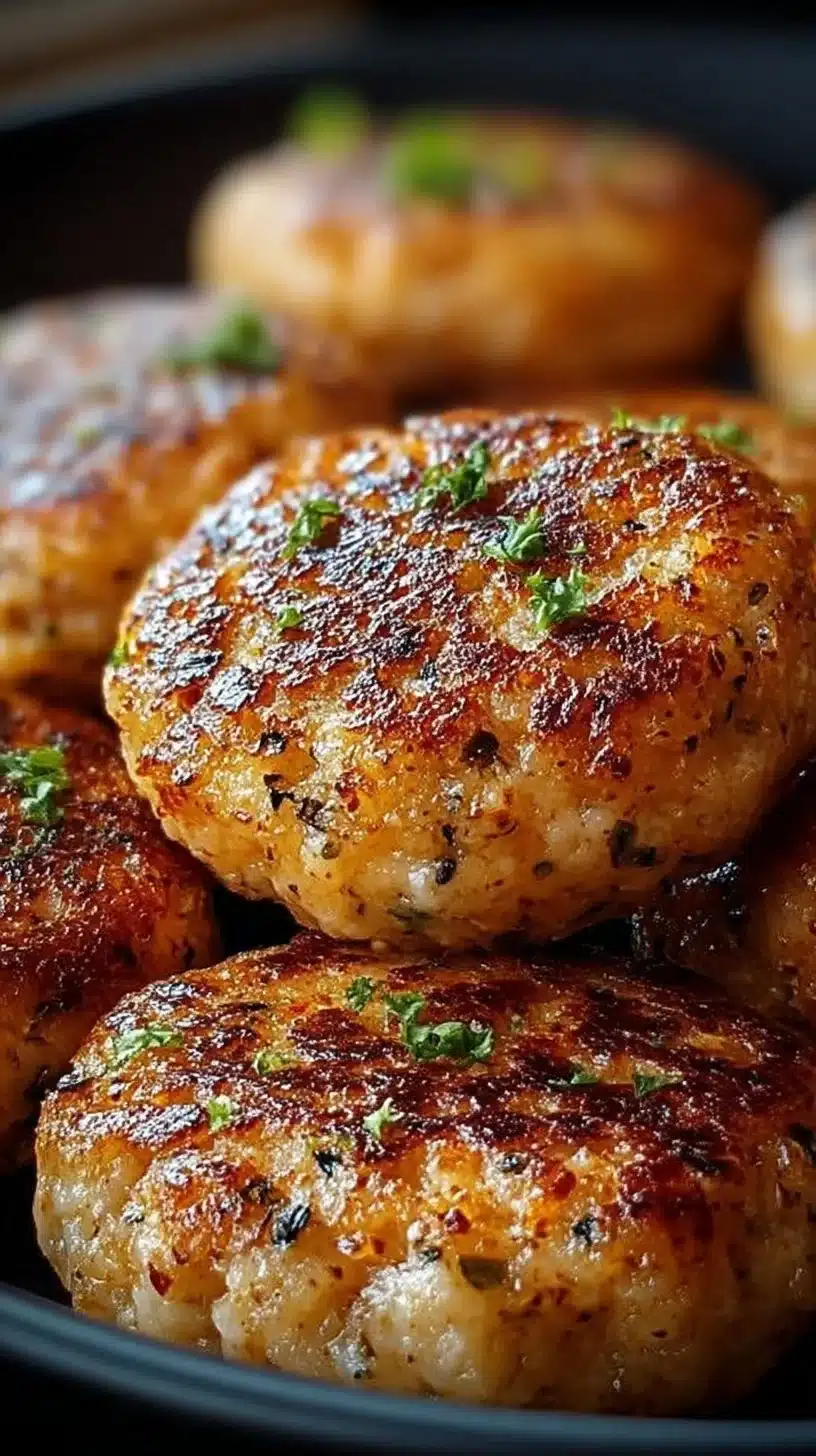 Crispy Air Fryer Chicken Rissoles 1 Crispy air fryer chicken rissoles on a plate garnished with herbs