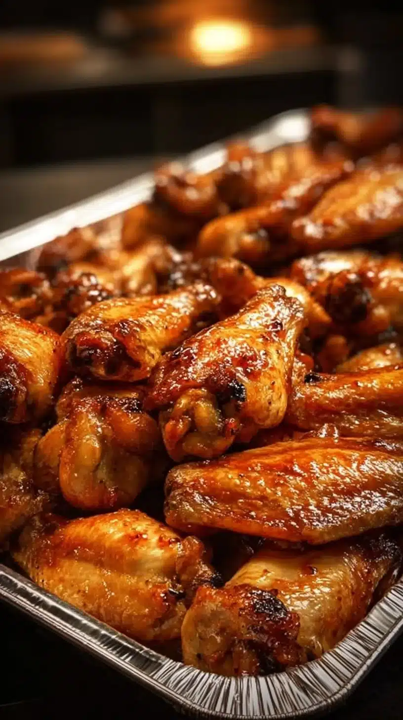 Crispy baked chicken wings on a platter topped with herbs.