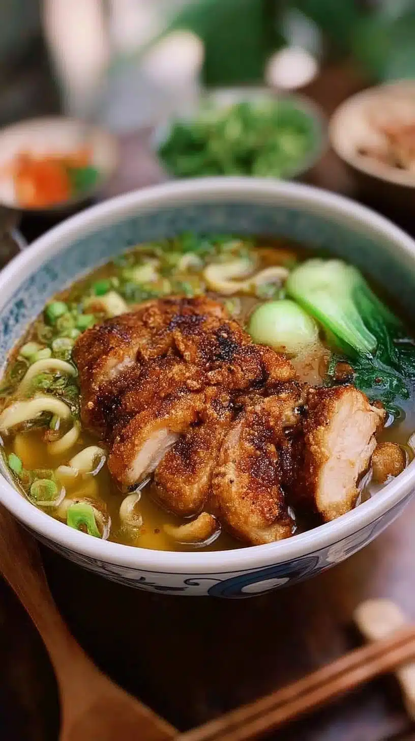 Crispy Chicken Noodle Soup 1 Bowl of crispy chicken noodle soup with fresh vegetables and herbs