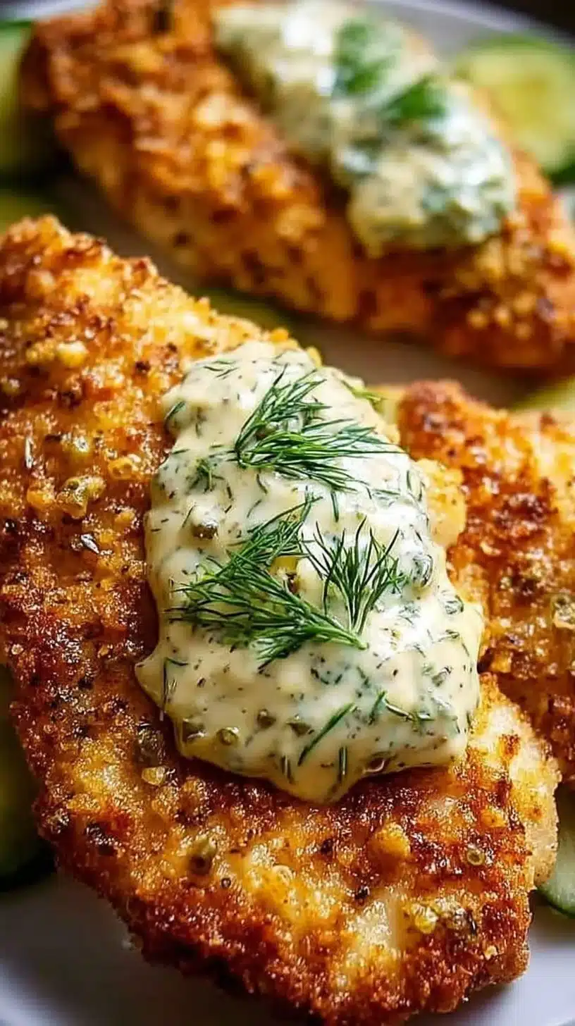 Crispy Dill Pickle Parmesan Chicken: An Amazing Ultimate Recipe 1 Crispy Dill Pickle Parmesan Chicken served on a plate with dipping sauce