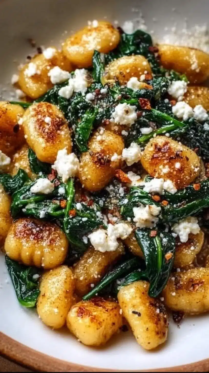 Crispy Gnocchi With Spinach and Feta 1 Crispy gnocchi with spinach and feta served on a plate.