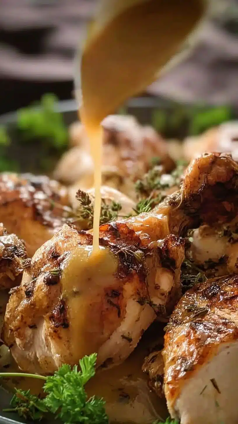 Crispy Herb Baked Chicken served with gravy on a plate