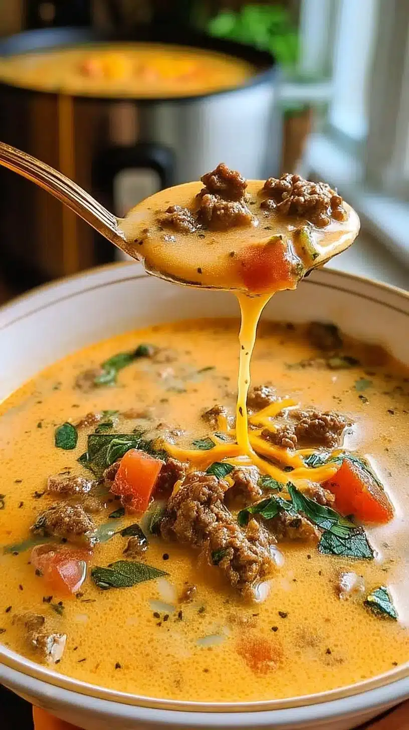 Crockpot Cheeseburger Soup 1 Delicious crockpot cheeseburger soup in a bowl garnished with cheese and herbs