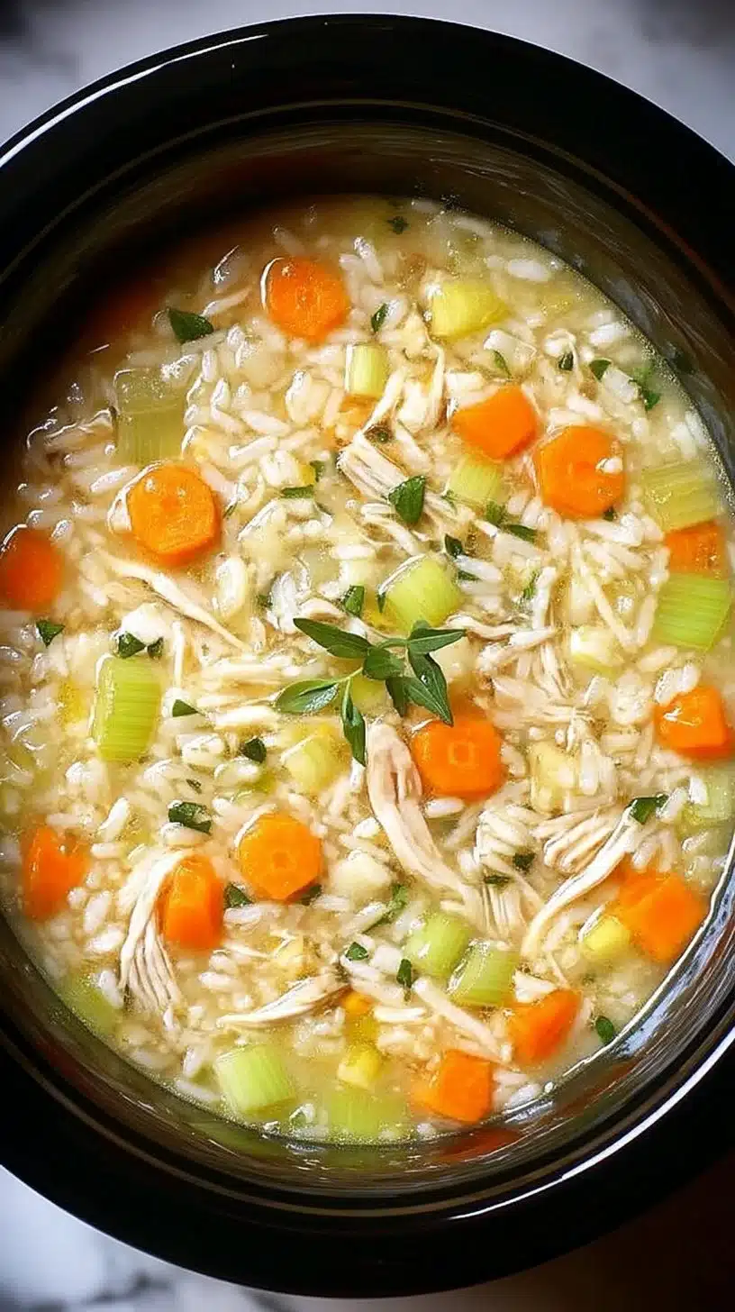 Crockpot Chicken and Rice Soup 1 Crockpot chicken and rice soup served in a bowl with herbs and spices