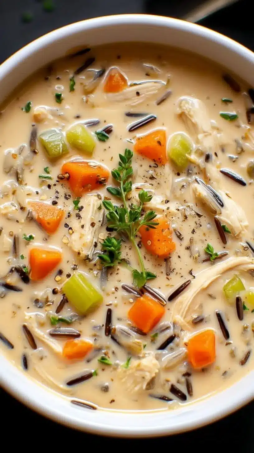 Crockpot Creamy Chicken Wild Rice Soup 1 Bowl of Crockpot Creamy Chicken Wild Rice Soup topped with fresh herbs