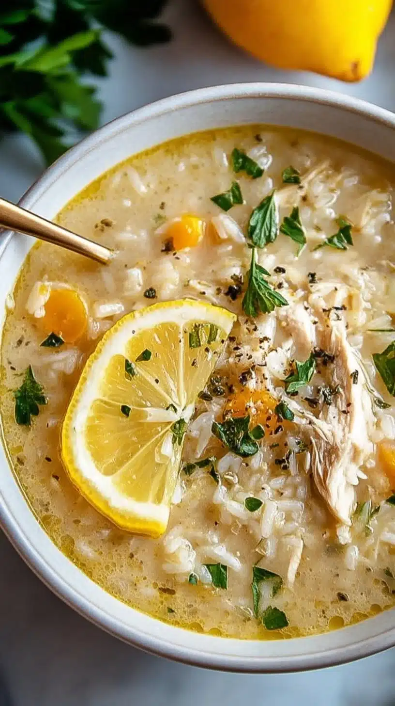Crockpot Lemon Chicken Soup 1 A bowl of flavorful Crockpot Lemon Chicken Soup garnished with fresh herbs