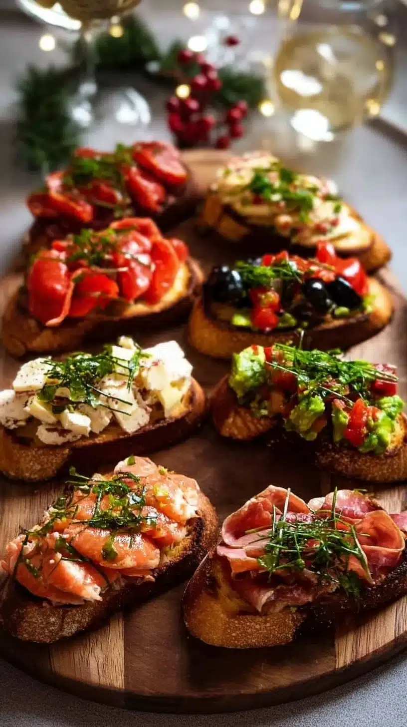 Crostini - 8 Delicious Variations 1 A platter of 8 different crostini variations showcasing gourmet toppings.