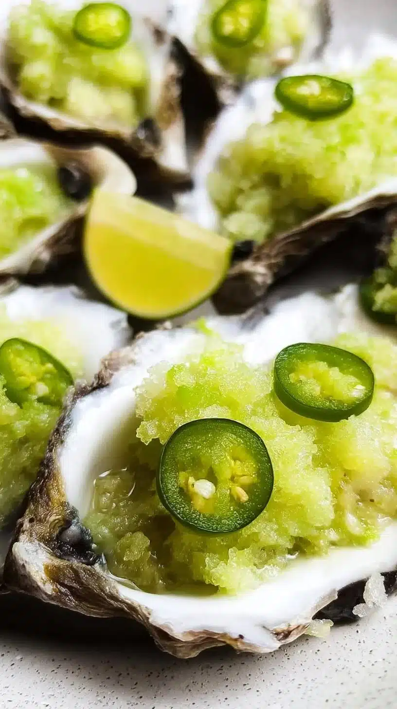 Refreshing Cucumber Lime Jalapeño Granita served with oysters.