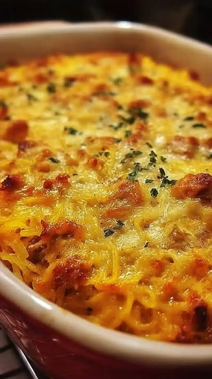 Delicious Spaghetti Squash Casserole 1 A delightful serving of healthy spaghetti squash casserole topped with cheese and herbs.