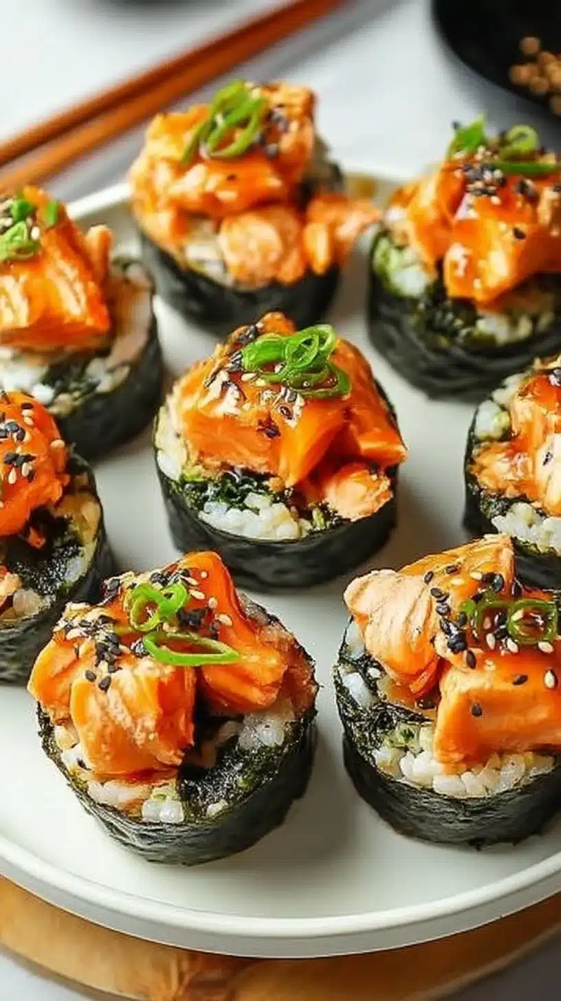 Deliciously Easy Baked Salmon Sushi Cups for Every Gathering 1 Baked salmon sushi cups served on a platter for gatherings and parties