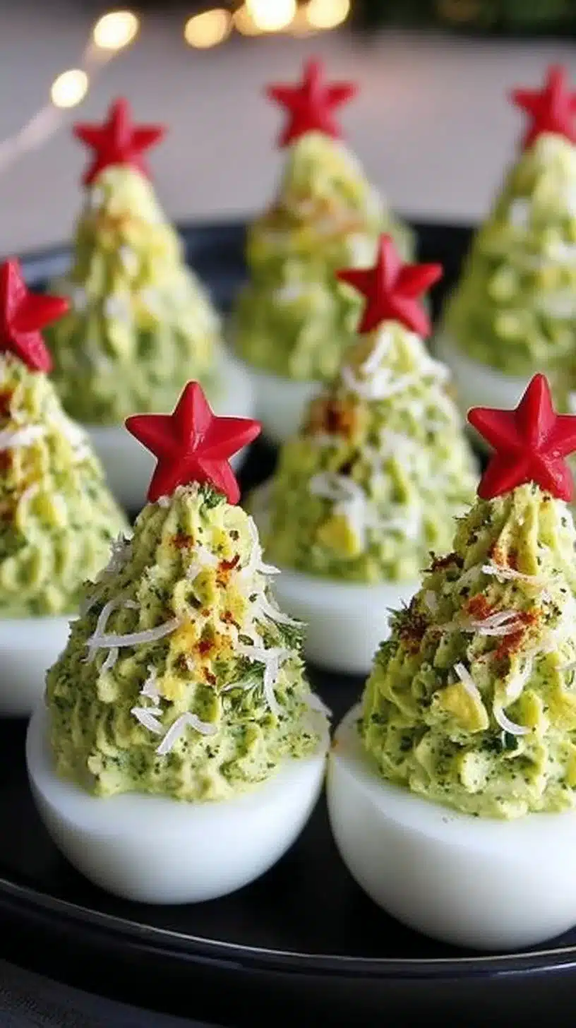 Deviled egg Christmas trees garnished for festive holiday celebrations.