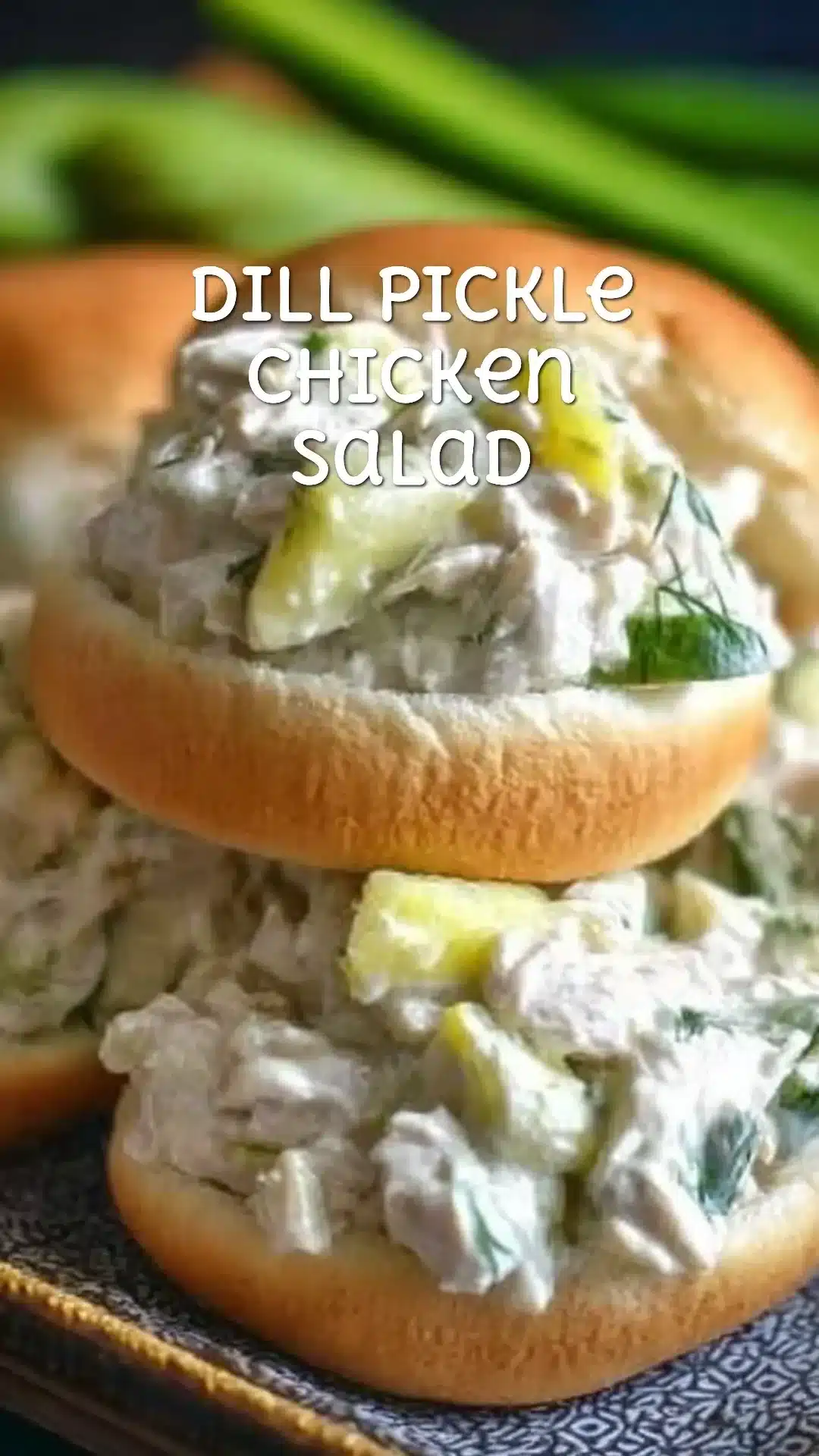 Dill Pickle Chicken Salad 1 Dill Pickle Chicken Salad in a bowl with pickles and chicken pieces