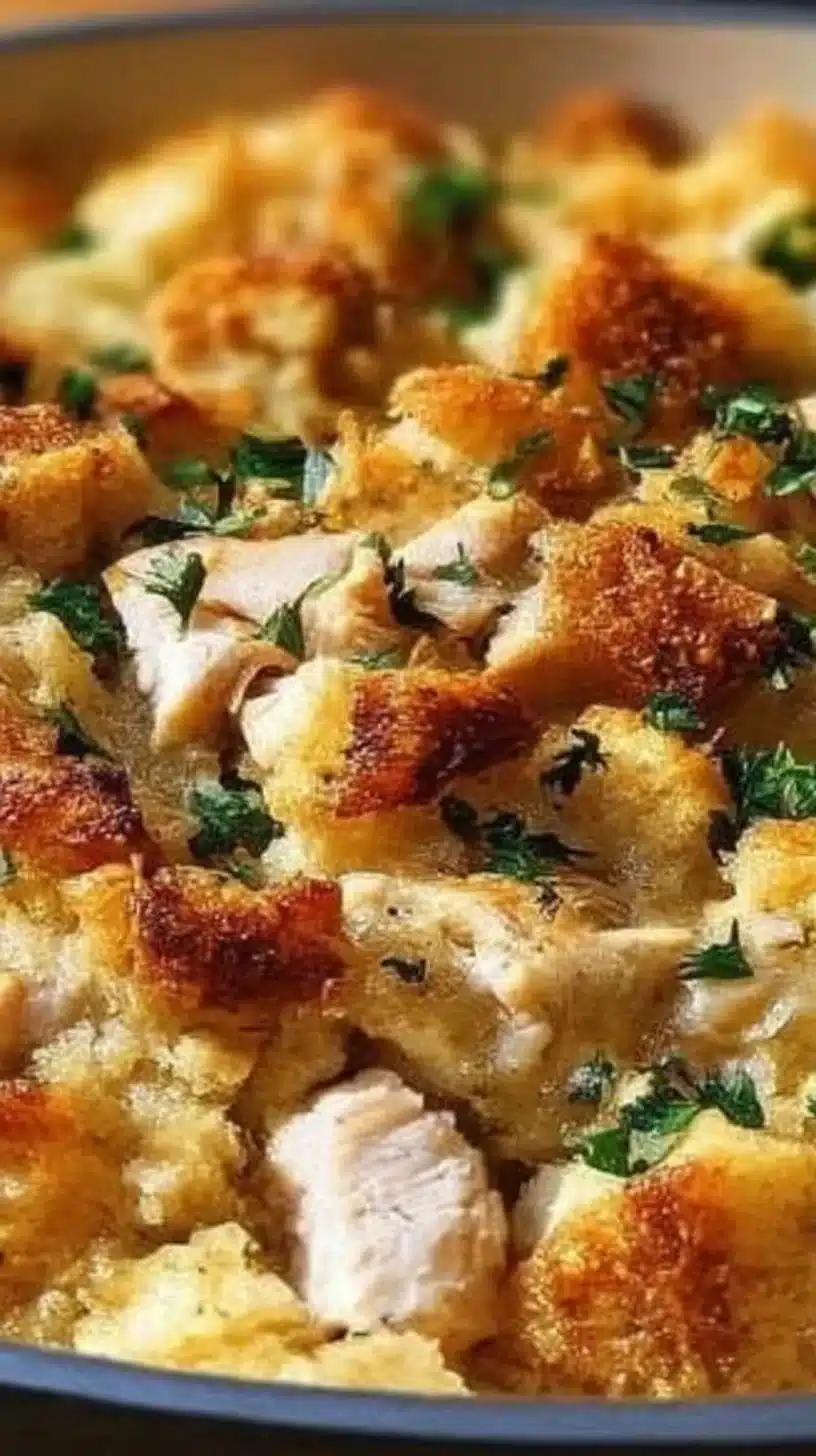 Dolly’s Chicken and Stuffing Casserole 1 Dolly's Chicken and Stuffing Casserole served in a dish, topped with herbs.
