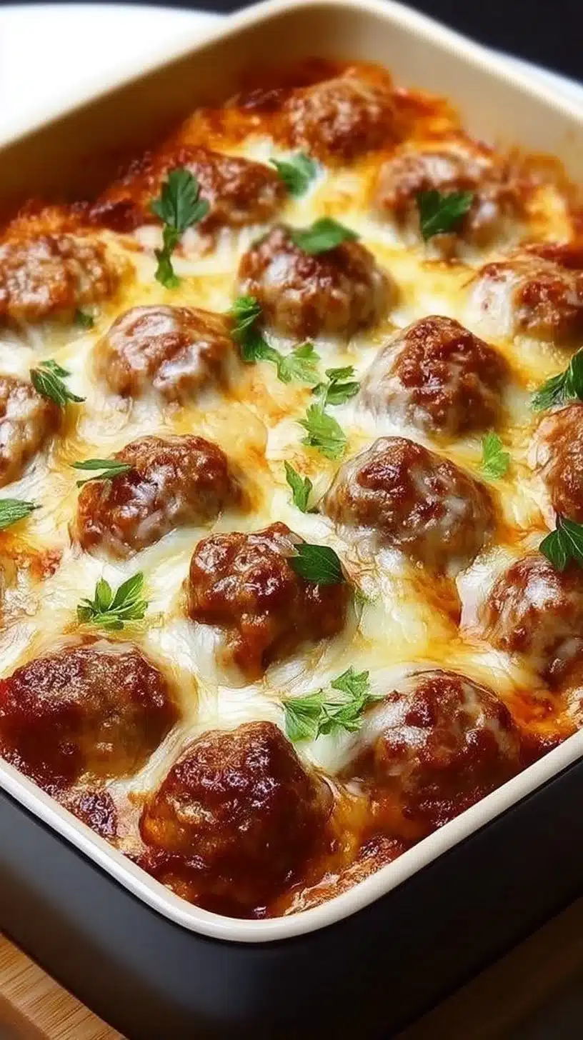 Dump-and-Bake Meatball Casserole 1 Delicious dump-and-bake meatball casserole in a baking dish