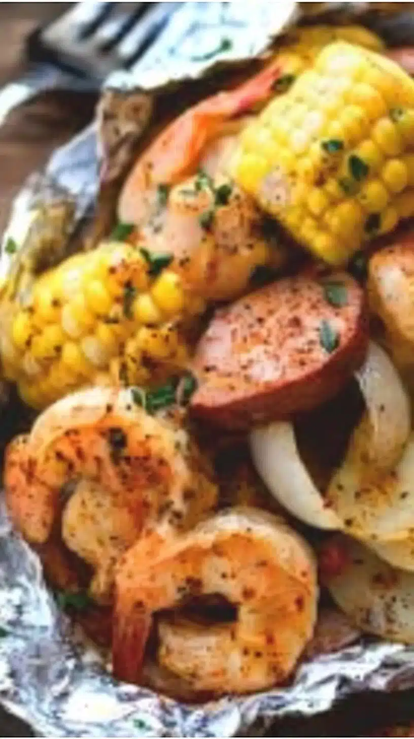Delicious shrimp boil foil packets with vegetables and spices