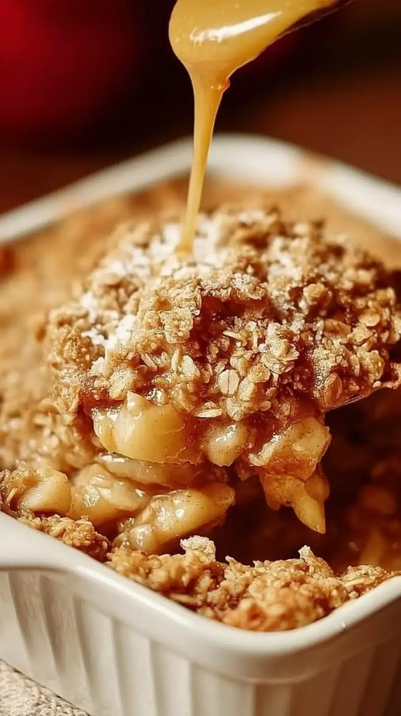 Delicious homemade apple crisp served in a dish with a golden brown topping.