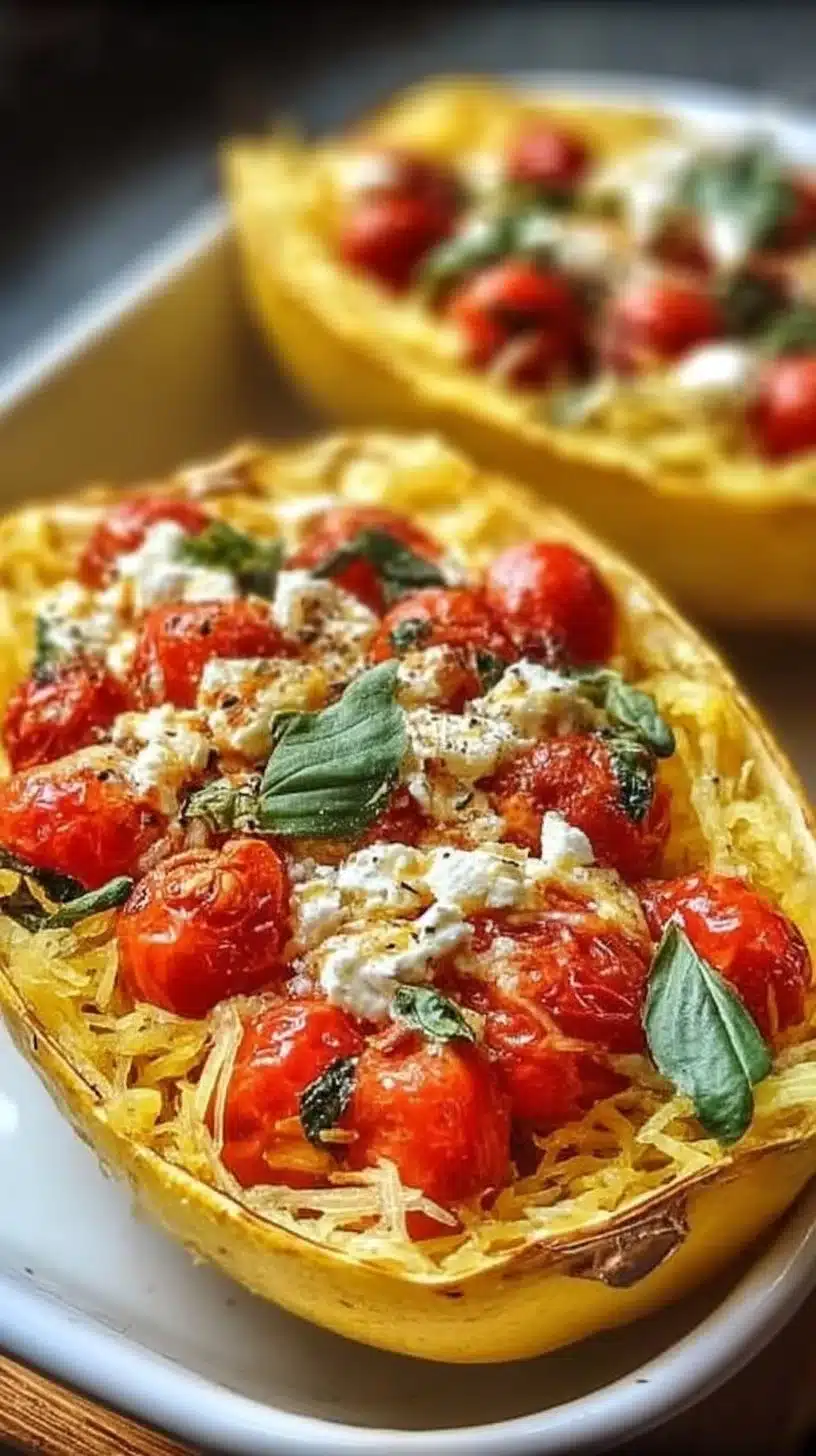 Easy baked feta spaghetti squash with tomato and peppers dish