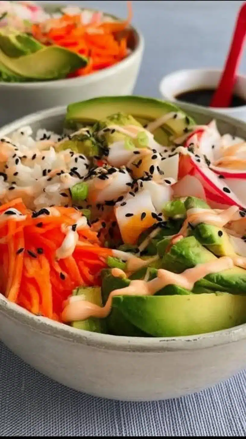 Easy California Roll Sushi Bowl Recipe 1 Delicious California Roll Sushi Bowl garnished with fresh ingredients
