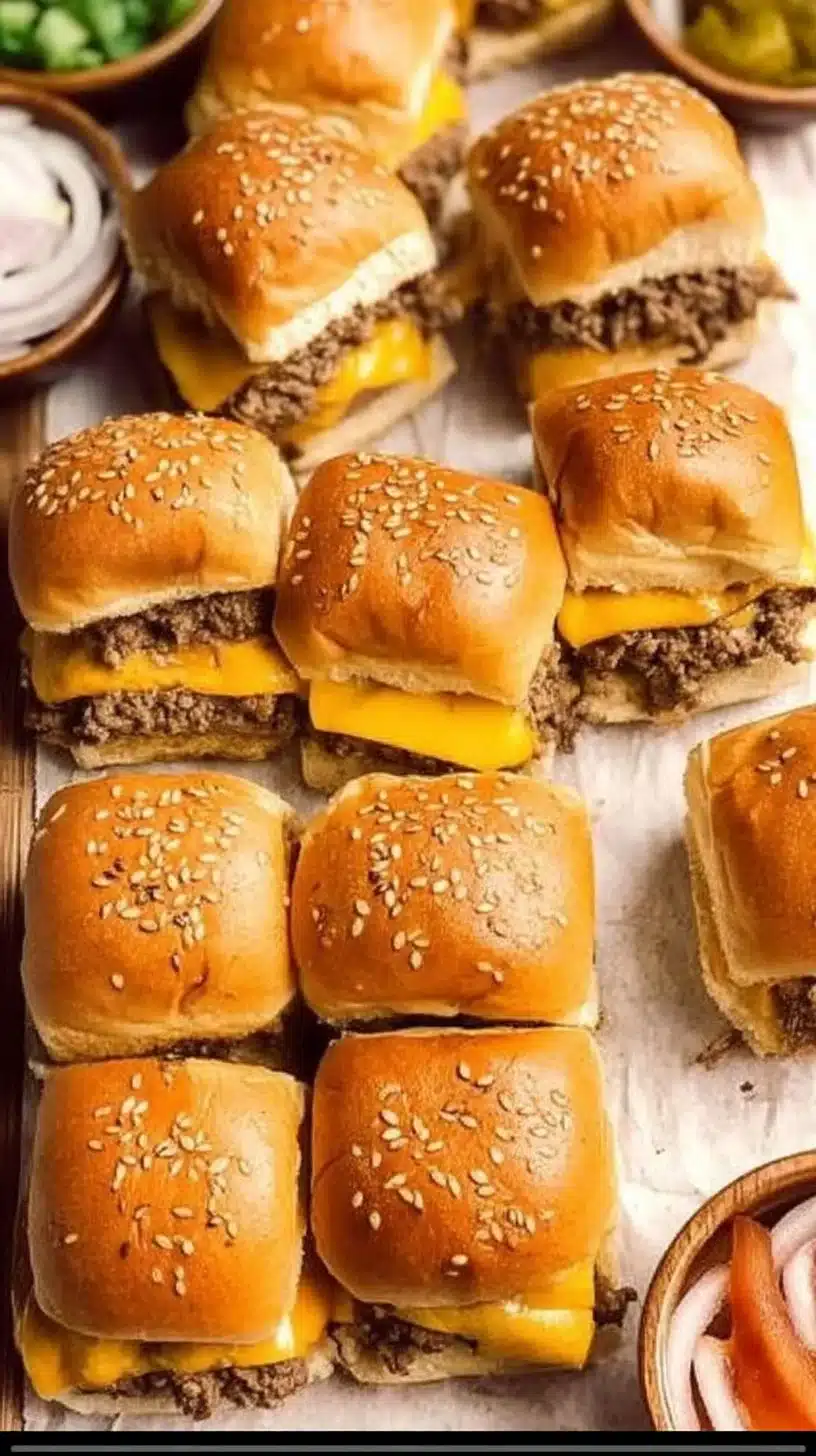 Easy Cheeseburger Sliders 1 Delicious cheeseburger sliders served on a platter with toppings.